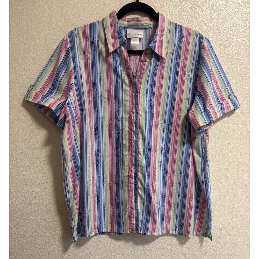 Vintage Alfred Dunner Sz L Rainbow Striped Button Up Shirt Floral Burnout Hippie